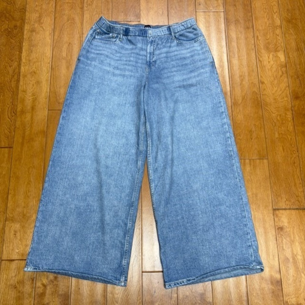 Gap Knit Denim Printed Wide Leg Pull On Pants Light Wash Comfy Stretch Womens L